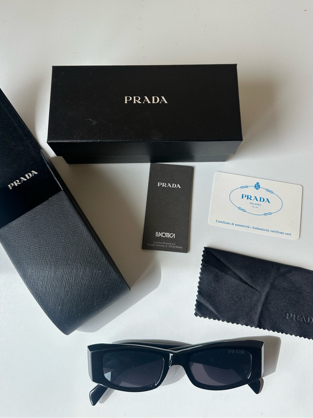 NWT Prada Black Rectangular Sunglasses with Black Case and Cloth